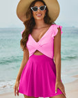 Bright Pink Cut Out Ruffle Crossed One Piece Swimdress