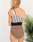 Leopard Striped Colorblock Asymmetrical Sleeveless One Piece Swimsuit