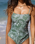 Green Floral Print Cutout Back One Piece Swimsuit