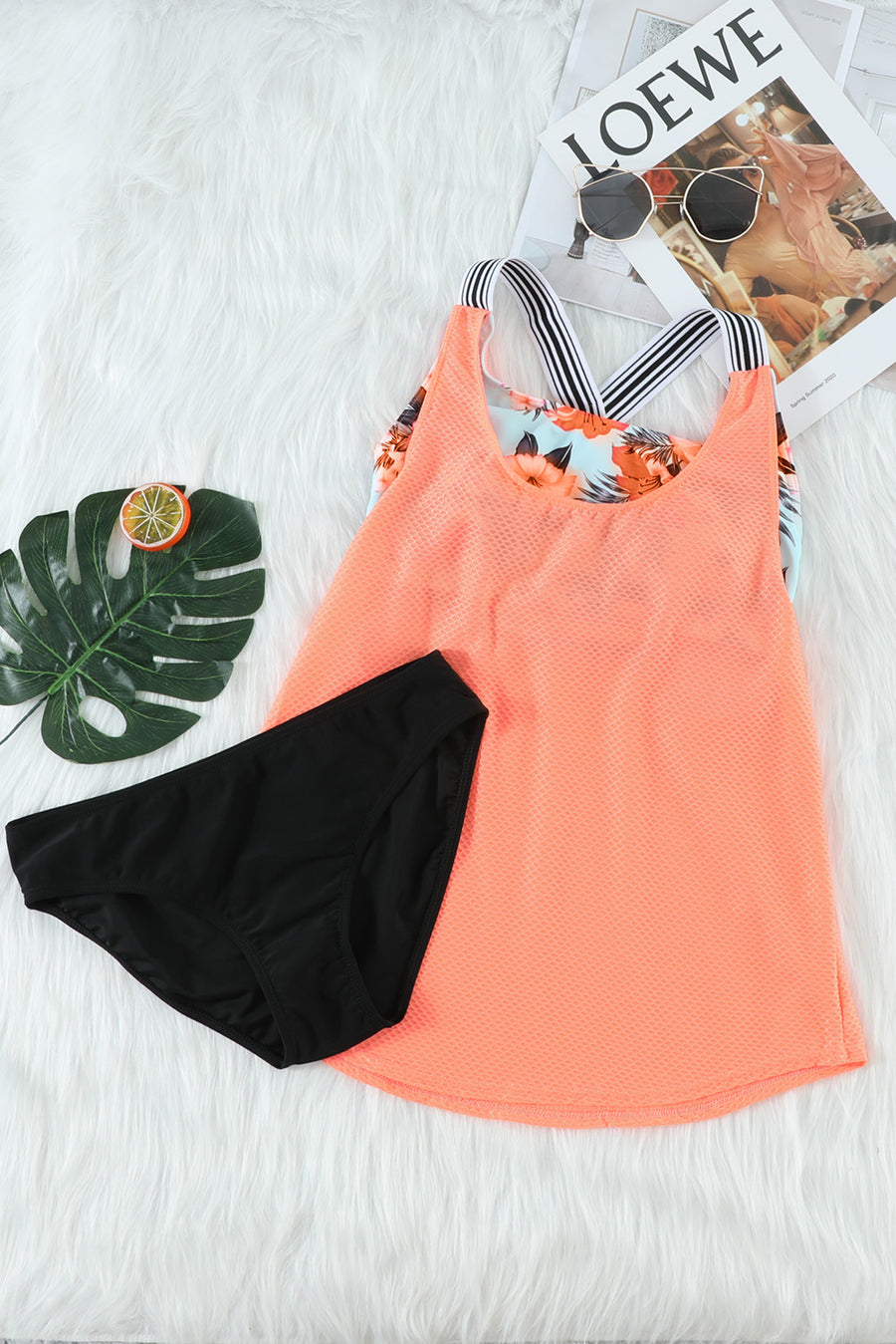 Orange Tropical Printed Splicing Racerback Tankini Swimsuit