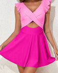 Bright Pink Cut Out Ruffle Crossed One Piece Swimdress