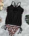 Black Sexy Leopard Colorblock Spaghetti Blouson Tankini Set