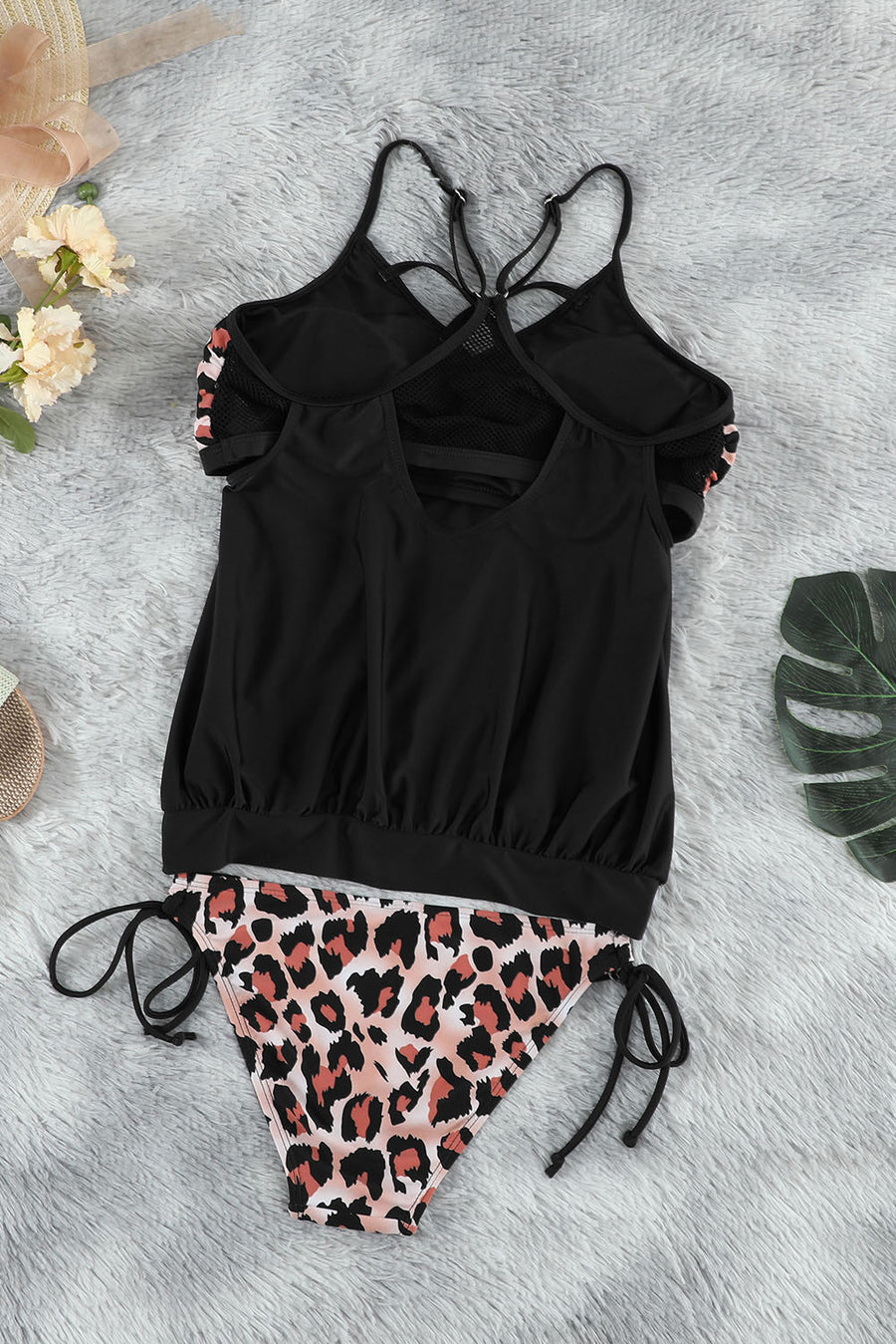 Black Sexy Leopard Colorblock Spaghetti Blouson Tankini Set