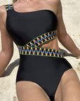 Black Zigzag Cutout Asymmetrical Teddy Swimwear