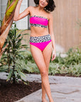 Neon Pink Sexy Leopard Print Trim Bandeau Bikini For Women