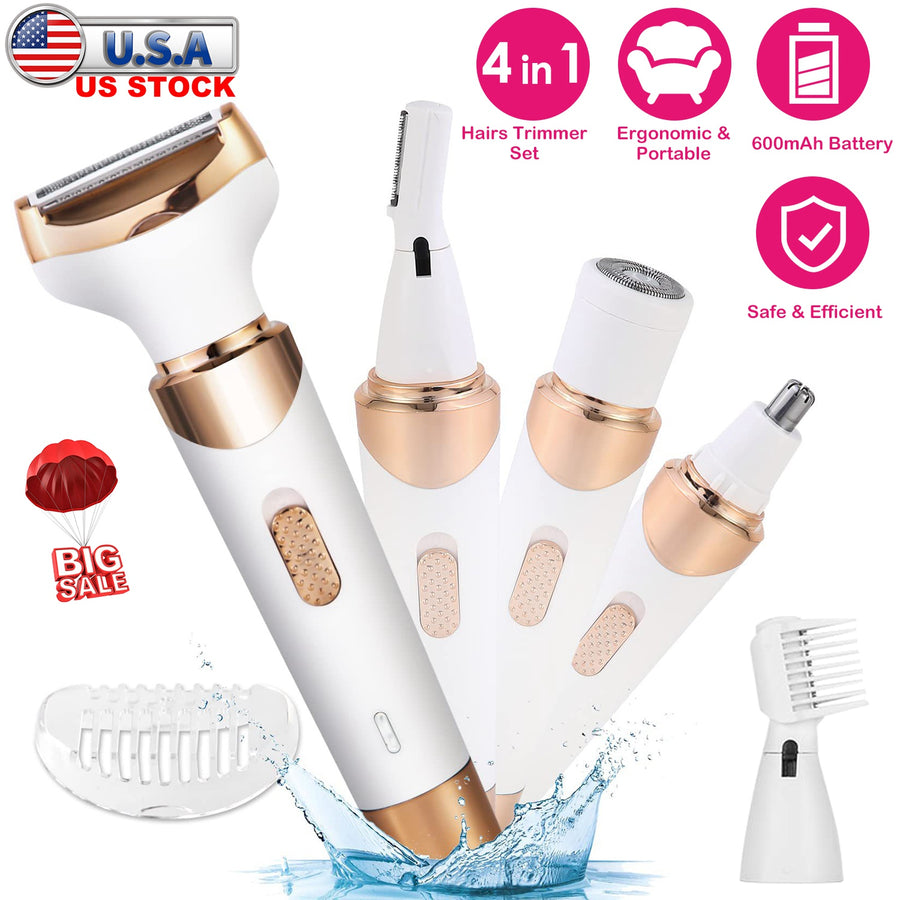 4 In 1 Women Electric Hair Shaver USB Rechargeable Hair Remover Cordless Eyebrow Nose Hair Trimmer Painless Hair Clipper Set for Bikini Leg Wet Dry Us