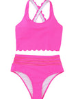 Pink Scalloped Sleeveless High Waisted Two Piece Swimsuit