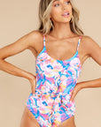 Pink Floral Print Knot High Waist One Piece Swimsuit