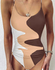 Khaki Printed Color Block Drawstring Sides One Piece Swimsuit