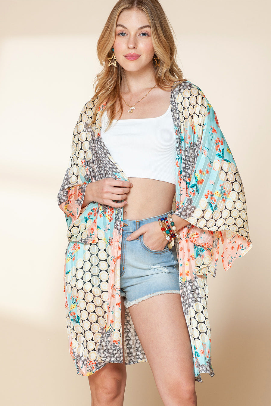 Multicolor Boho Floral Open Front Half Sleeve Kimono Stylish Layering Piece for Bohemian Chic Look