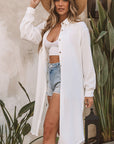 White Stylish Striped Button Up Long Sleeve Swimsuit Size Cover Up Salt White