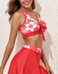 Fiery Red 3pcs Flower Printed Crossed Top and A Line Skirt Bikini Set