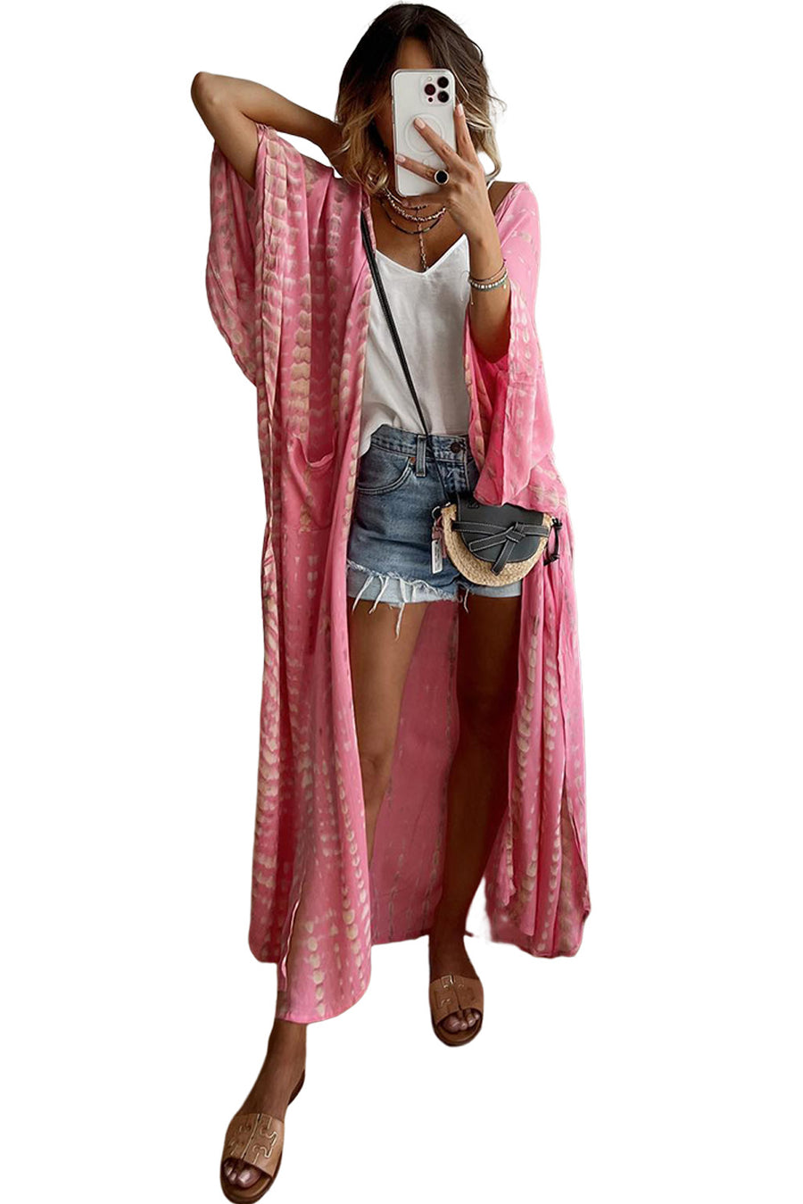 Women's Pink Bohemian Tie Dye Oversize Long Kimono Sleeve Shift Loose Kimonos Cardigan Blouses