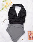 Black Retro Stripe V Neck Backless Halter One Piece Swimsuit