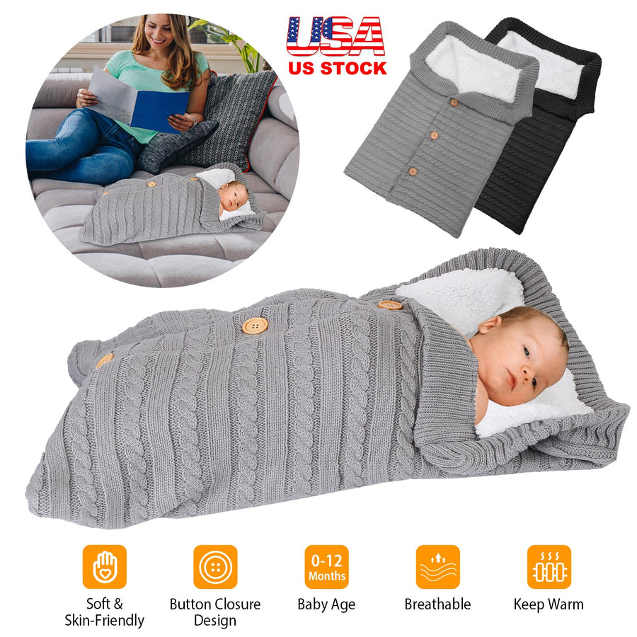 Unisex Baby Knit Swaddle Blanket Infant Nest Swaddle Newborn Cozy Fleece Nursery Sleeping Bag Wraps w/ Buttons