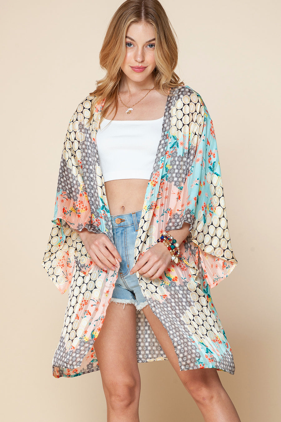 Multicolor Boho Floral Open Front Half Sleeve Kimono Stylish Layering Piece for Bohemian Chic Look