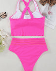 Pink Scalloped Sleeveless High Waisted Two Piece Swimsuit