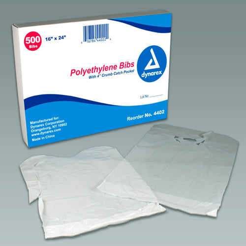 Disposable Polyethylene Bibs with Crumb Pocket – Box of 500