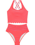 Pink Scalloped Sleeveless High Waisted Two Piece Swimsuit