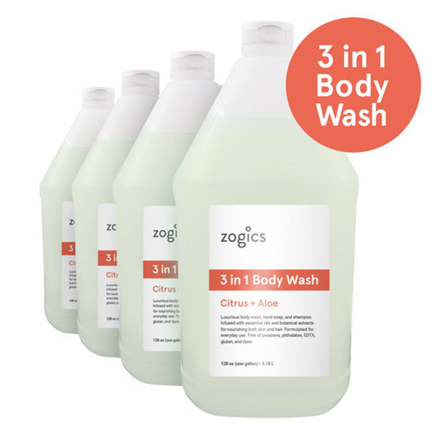 Zogics 3 in 1 Body Wash, Hand Soap & Shampoo, Citrus + Aloe (1 Gallon or Case of 4)