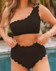 Black Scallop Trim Textured One Shoulder High Waist Bikini Set