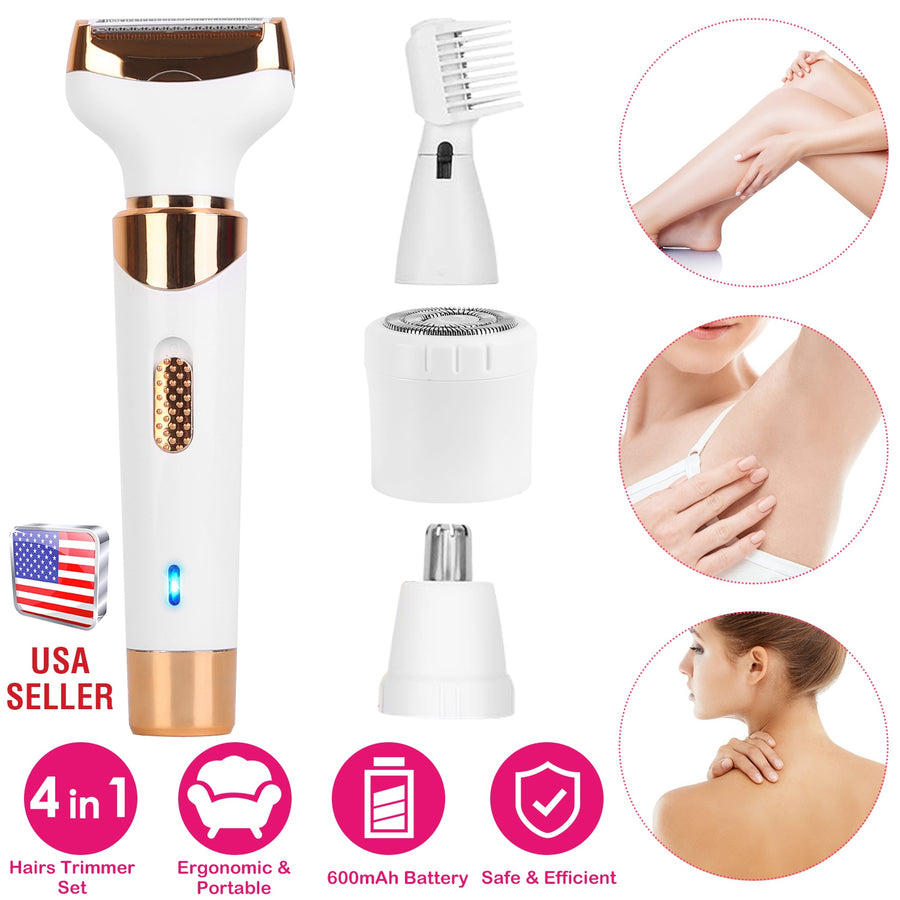 4 In 1 Women Electric Hair Shaver USB Rechargeable Hair Remover Cordless Eyebrow Nose Hair Trimmer Painless Hair Clipper Set for Bikini Leg Wet Dry Us