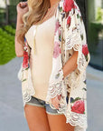 Beige Floral Print Scalloped Lace Splicing Kimono