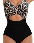 Black Leopard Print V Neck Colorblock One Piece Swimsuit