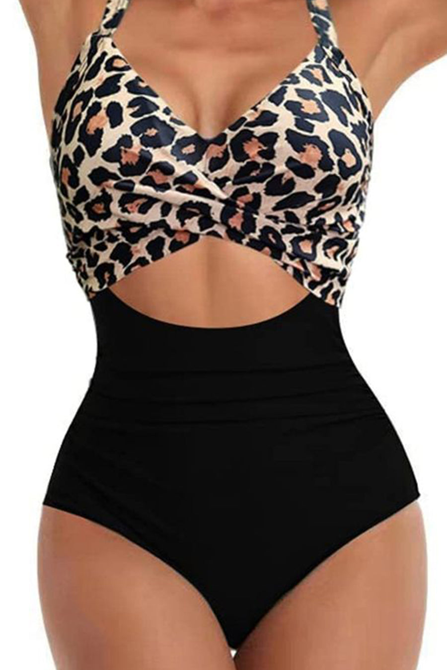 Black Leopard Print V Neck Colorblock One Piece Swimsuit