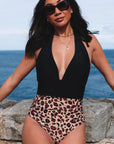 Black Leopard Colorblock Deep V Neck Halter One Piece Swimsuit