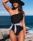 Light Blue Sexy Asymmetric Cutout Belted One Piece Swimsuit