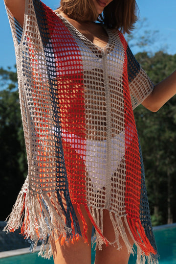 Multicolor Striped Tassel Crochet V Neck Beach Cover Up Perfect Poolside Companion