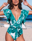 Green Deep V Neck Floral Print Ruffles One Piece Swimsuit