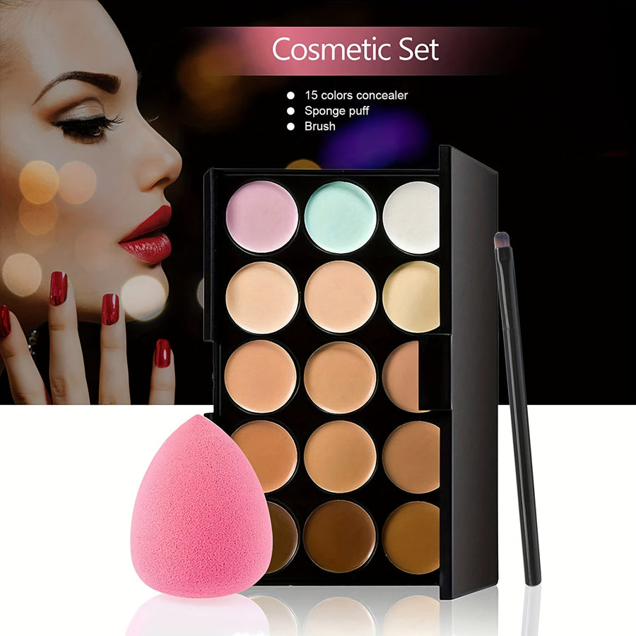 15-color Concealer Palette Waterproof Foundation To Cover Facial Acne Marks, Dark Circles, Freckles, Scars, Isolation, Brightening And Contouring With Beauty Egg Brush