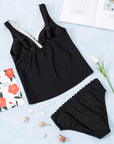 Black Colorblock Scalloped V Neck Tankini Swimsuit