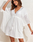 White Lace Patch Kimono Sleeve Tassel Drawstring Beach Cover Up