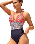 Multicolor Floral Leopard Halter Backless One Piece Swimsuit