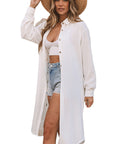 White Stylish Striped Button Up Long Sleeve Swimsuit Size Cover Up Salt White