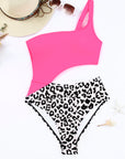 Rose Leopard Patchwork Asymmetric One Piece Swimsuit