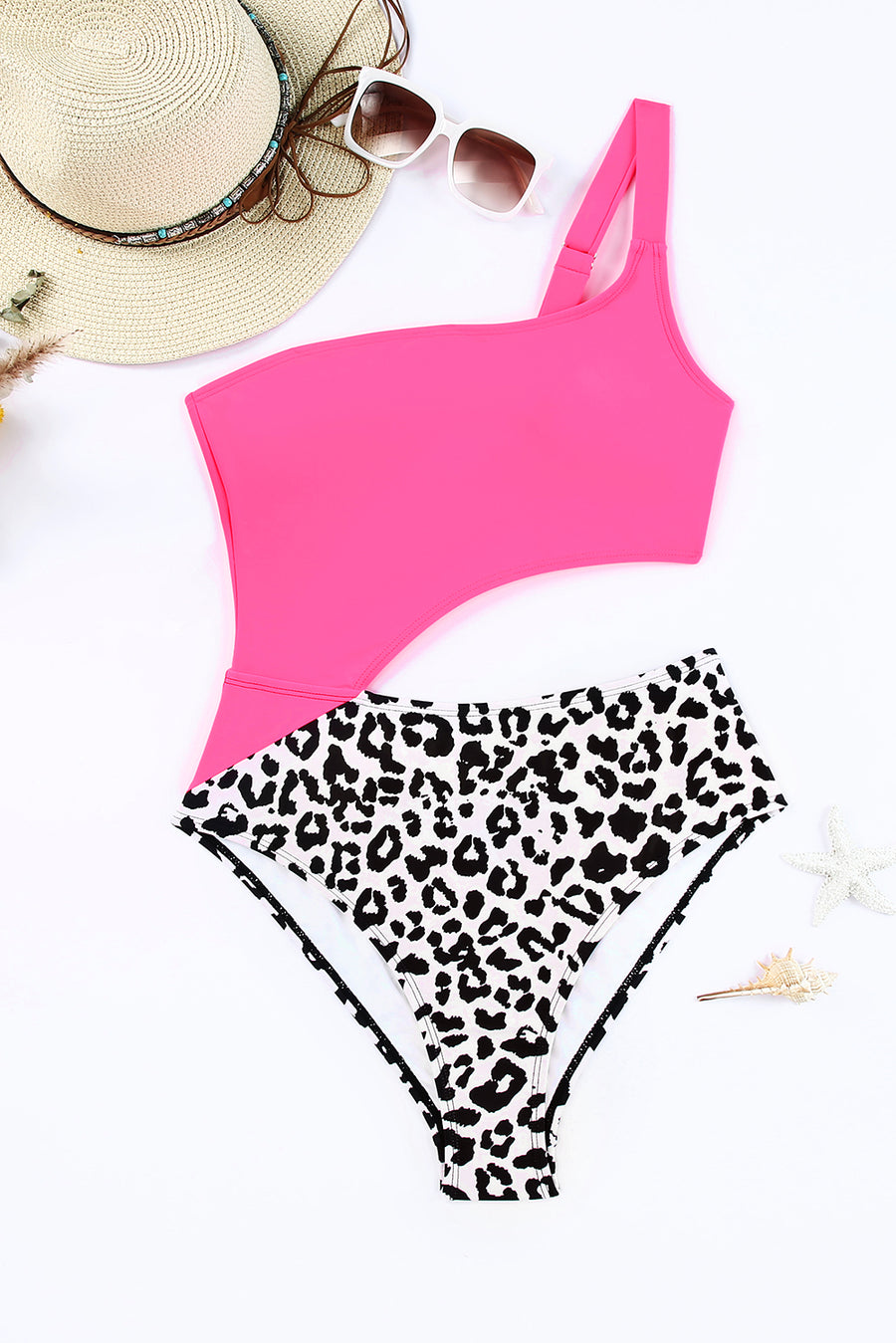 Rose Leopard Patchwork Asymmetric One Piece Swimsuit