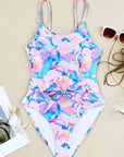 Pink Floral Print Knot High Waist One Piece Swimsuit