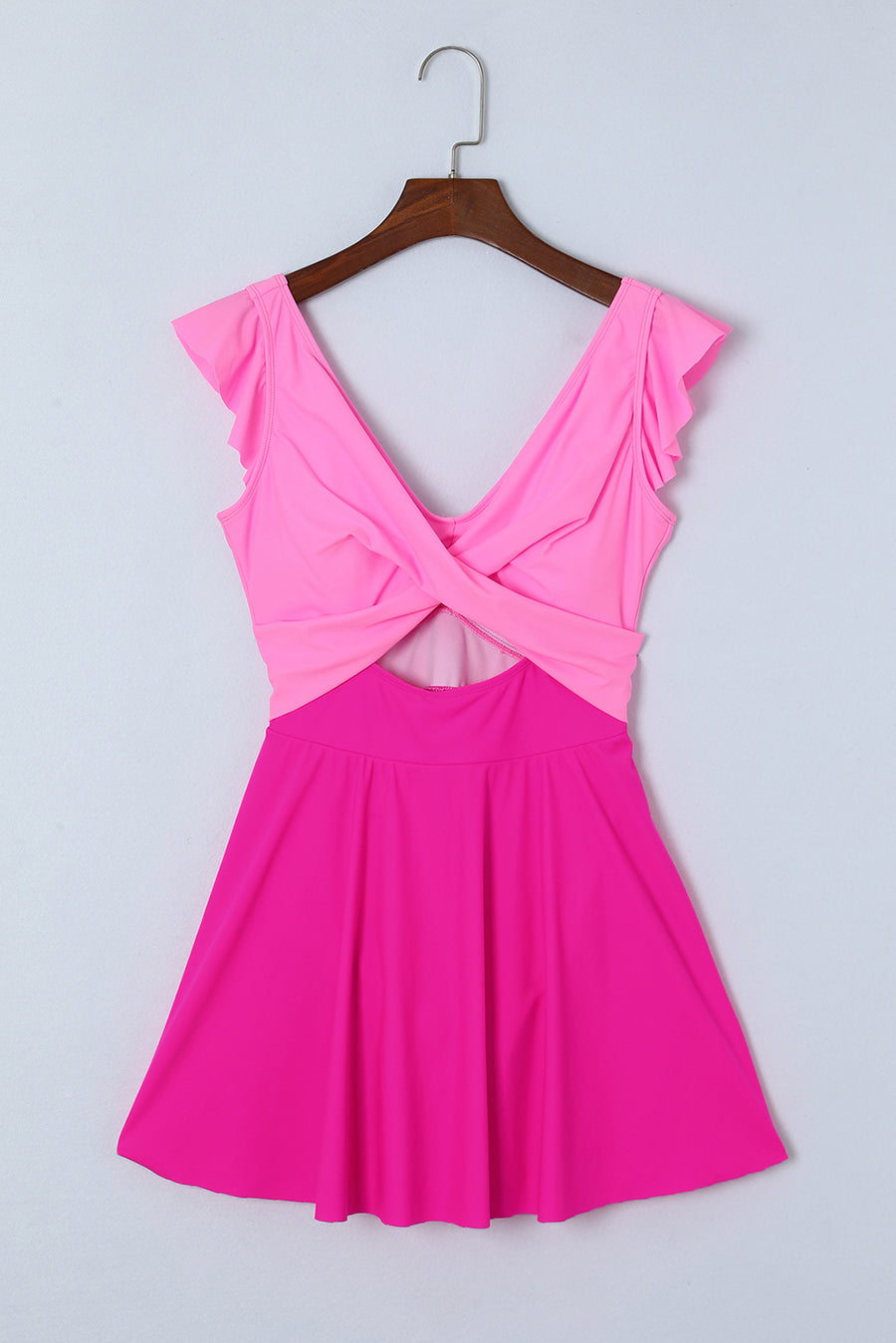 Bright Pink Cut Out Ruffle Crossed One Piece Swimdress