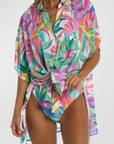 Multicolor Tropical Print Button-up Short Sleeve Beach Cover Up Embrace Island Chic