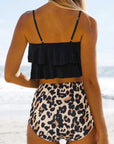 Black Ruffle Tank Top and Leopard Print Shorts Bikini Set