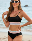 Black Striped Patchwork Spaghetti Strap High Waist Bikini Set