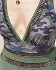 Army Green Camo Patchwork Deep V Neck One Piece Swimsuit