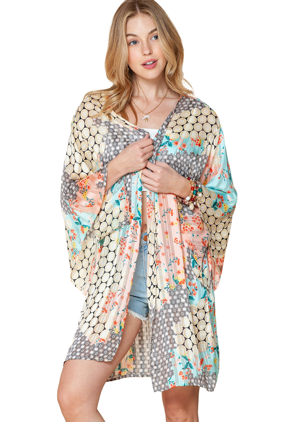 Multicolor Boho Floral Open Front Half Sleeve Kimono Stylish Layering Piece for Bohemian Chic Look