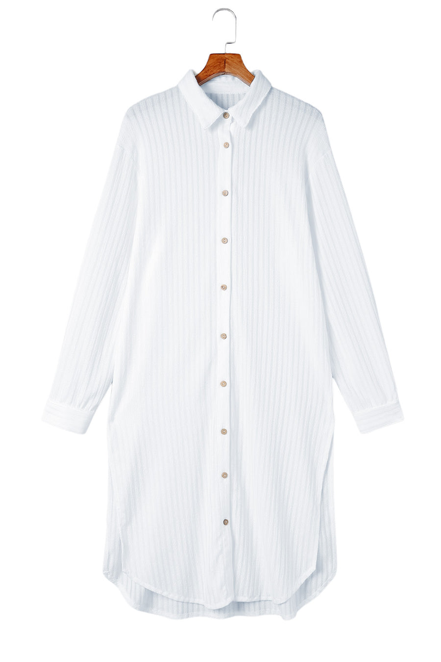 White Stylish Striped Button Up Long Sleeve Swimsuit Size Cover Up Salt White