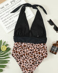 Black Leopard Colorblock Deep V Neck Halter One Piece Swimsuit