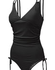 Black Adjustable Straps Ribbed Knit Backless One Piece Swimsuit